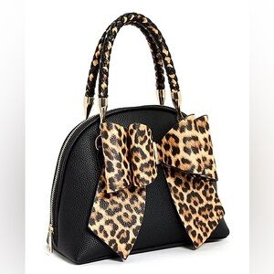 Crossi Like Dreams Leopard Top Handle Small Bow Handbag Crossbody Black Brown